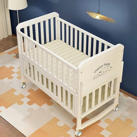 Solid Wood Baby Crib - Convertible Bed with Bassinet and Movable Wheels