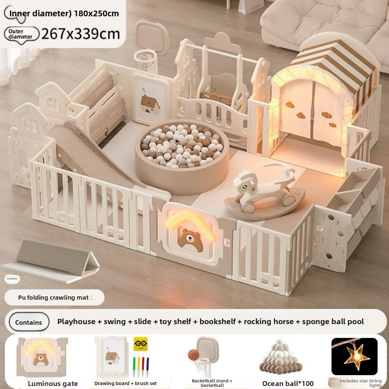 Foldable Baby Playpen Combo - Indoor Safety Fence with Slide and Activity Center