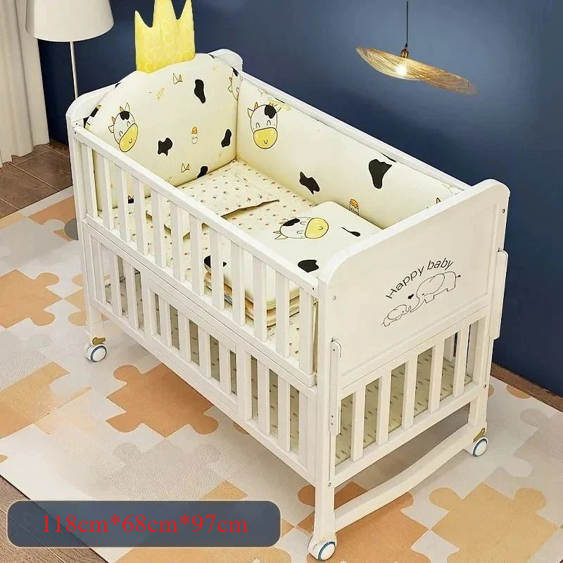 Solid Wood Baby Crib - Convertible Bed with Bassinet and Movable Wheels