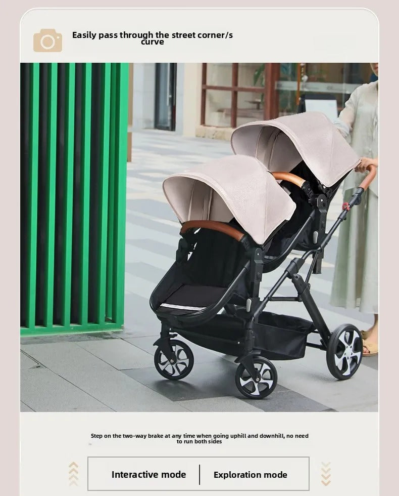 Two-Way Double Stroller - Foldable Twin Pram with Reclining Seats for Sitting or Lying