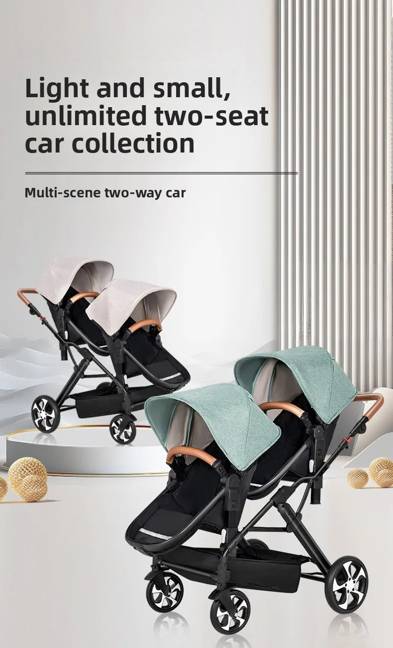 Two-Way Double Stroller - Foldable Twin Pram with Reclining Seats for Sitting or Lying