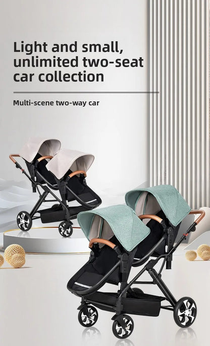 Two-Way Double Stroller - Foldable Twin Pram with Reclining Seats for Sitting or Lying