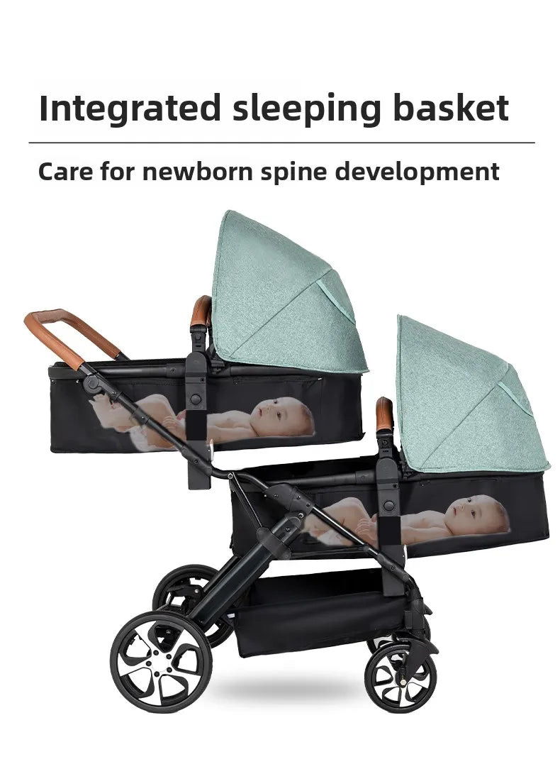 Two-Way Double Stroller - Foldable Twin Pram with Reclining Seats for Sitting or Lying
