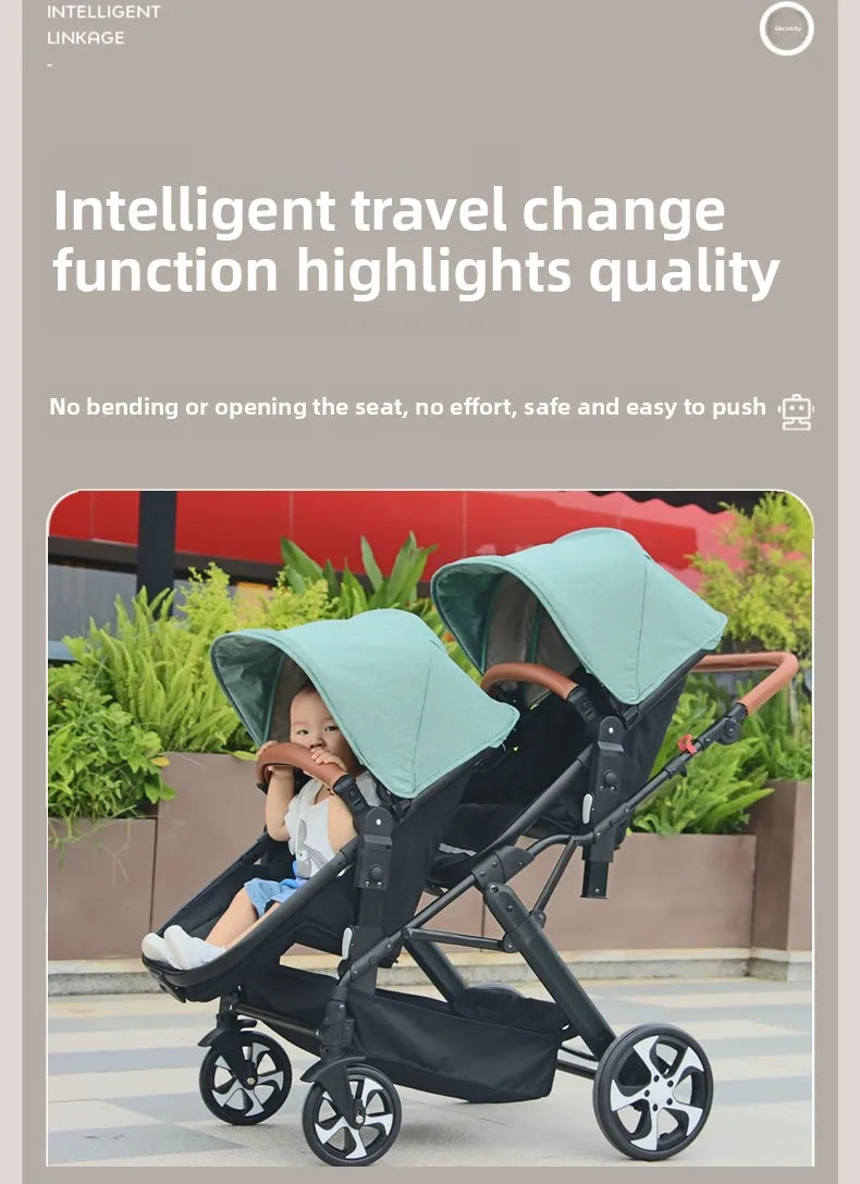 Two-Way Double Stroller - Foldable Twin Pram with Reclining Seats for Sitting or Lying