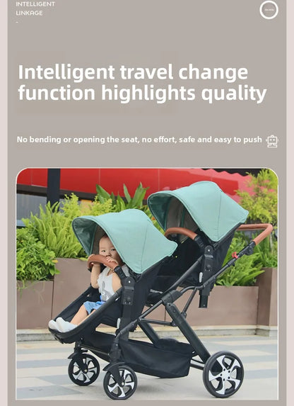 Two-Way Double Stroller - Foldable Twin Pram with Reclining Seats for Sitting or Lying