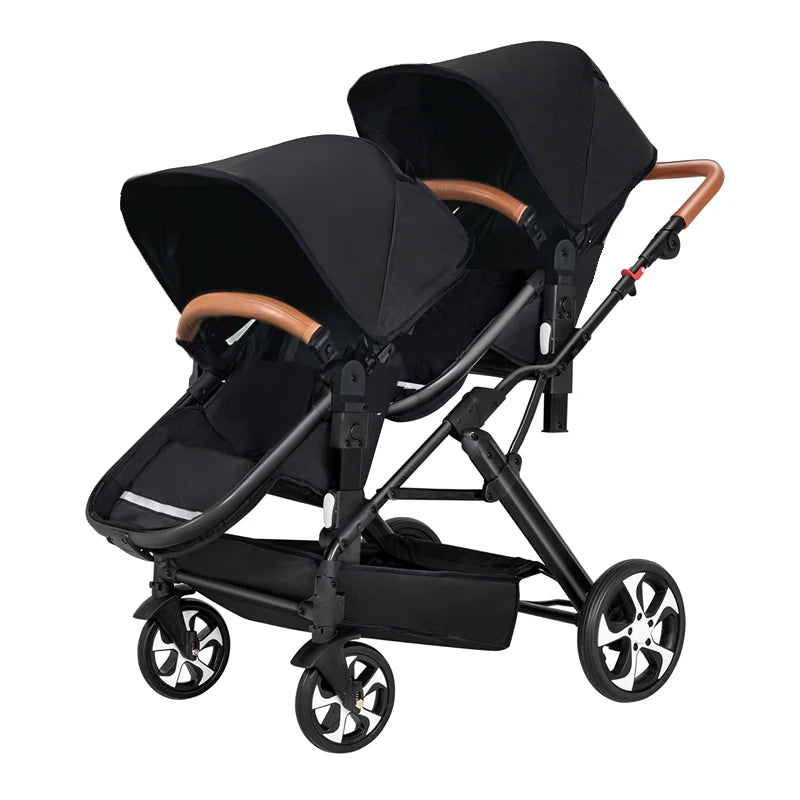 Two-Way Double Stroller - Foldable Twin Pram with Reclining Seats for Sitting or Lying