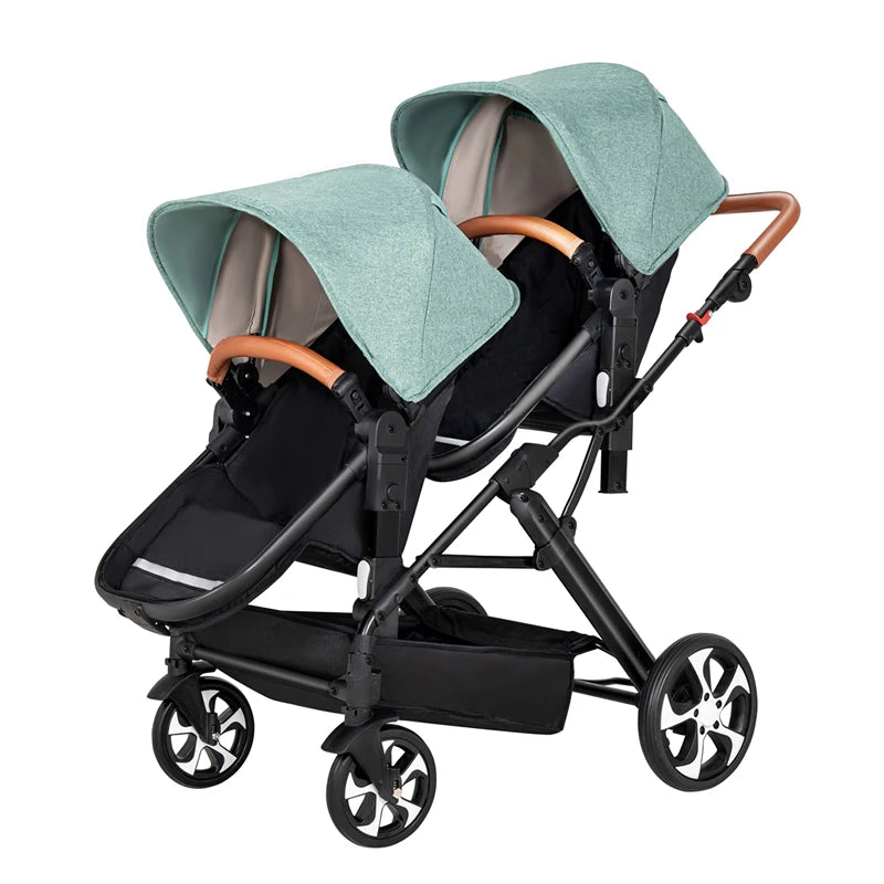Two-Way Double Stroller - Foldable Twin Pram with Reclining Seats for Sitting or Lying