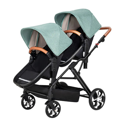 Two-Way Double Stroller - Foldable Twin Pram with Reclining Seats for Sitting or Lying