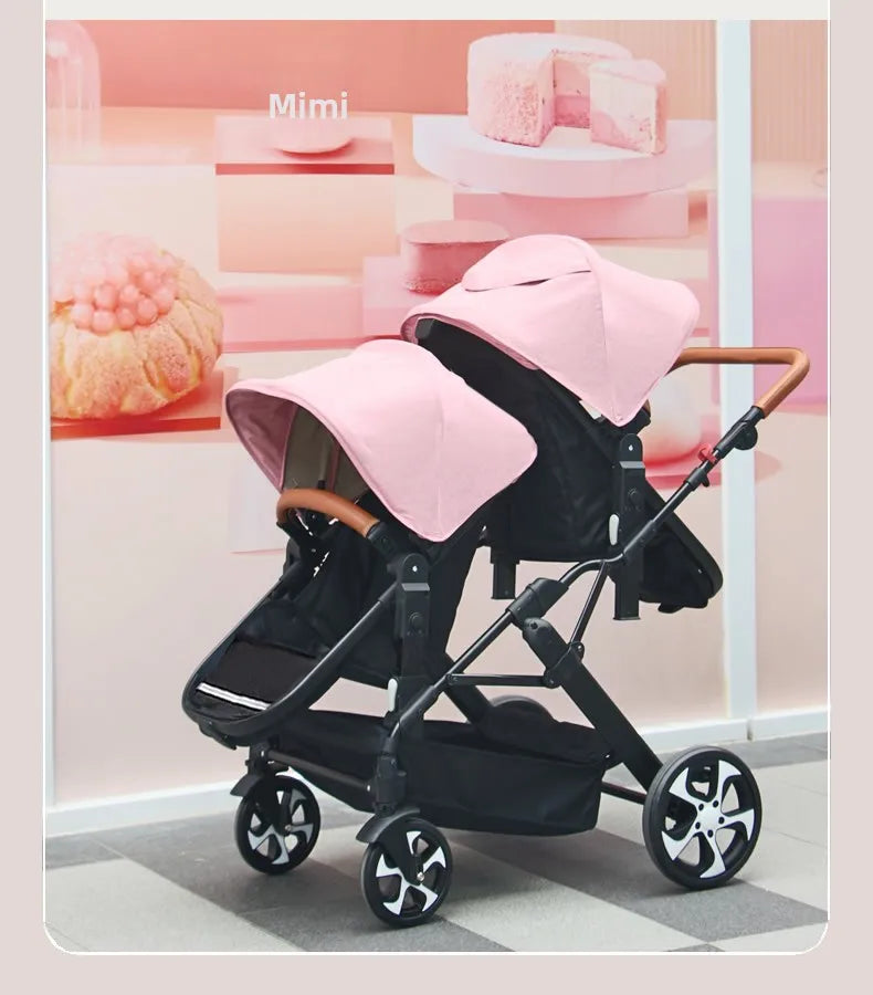 Two-Way Double Stroller - Foldable Twin Pram with Reclining Seats for Sitting or Lying