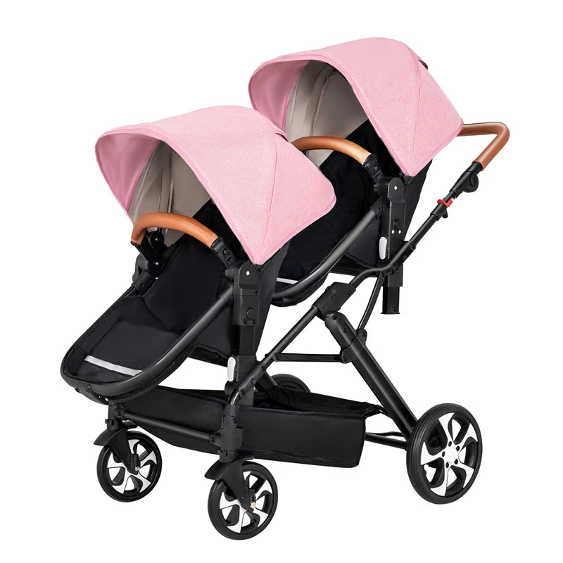 Two-Way Double Stroller - Foldable Twin Pram with Reclining Seats for Sitting or Lying