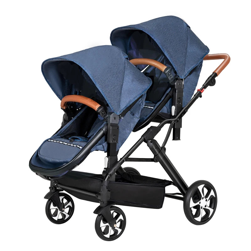 Two-Way Double Stroller - Foldable Twin Pram with Reclining Seats for Sitting or Lying
