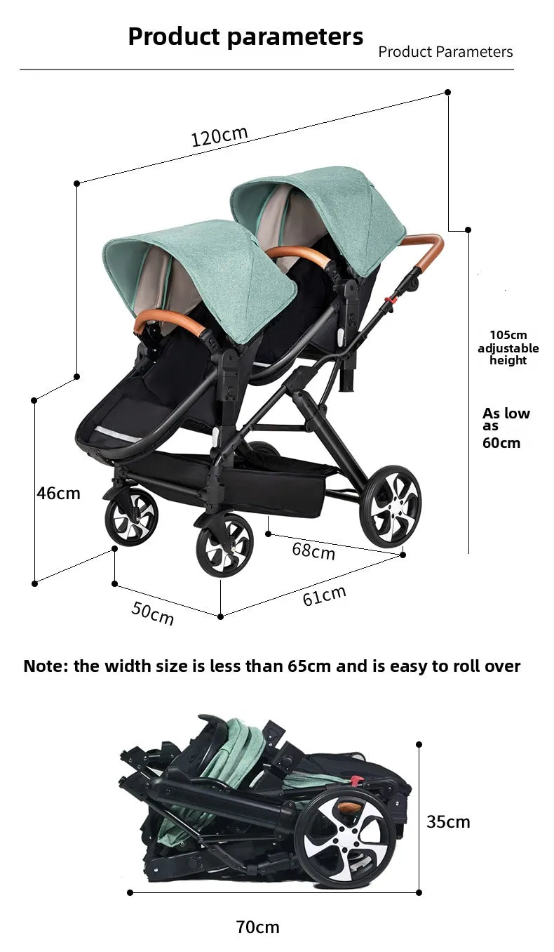 Two-Way Double Stroller - Foldable Twin Pram with Reclining Seats for Sitting or Lying