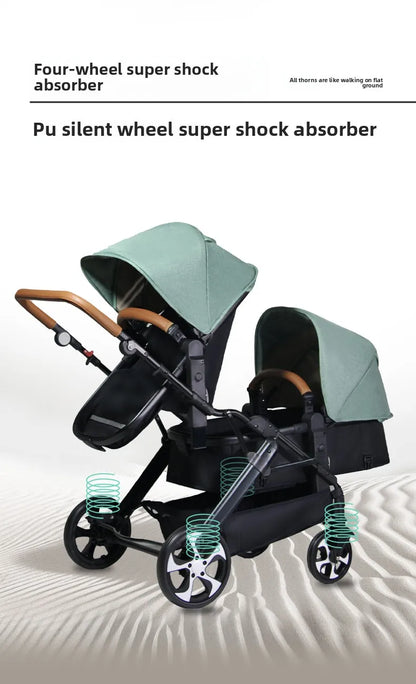 Two-Way Double Stroller - Foldable Twin Pram with Reclining Seats for Sitting or Lying