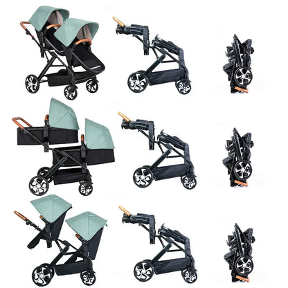Two-Way Double Stroller - Foldable Twin Pram with Reclining Seats for Sitting or Lying