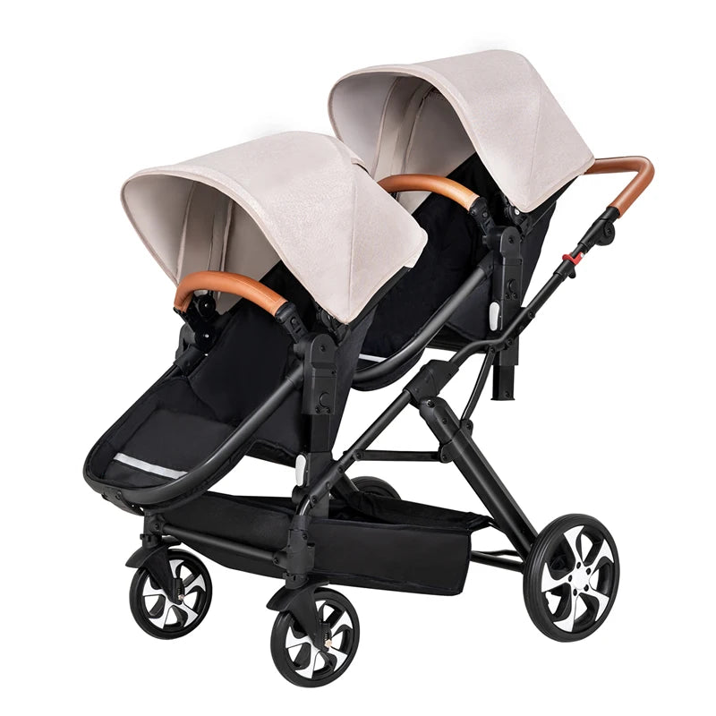 Two-Way Double Stroller - Foldable Twin Pram with Reclining Seats for Sitting or Lying