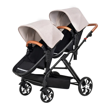 Two-Way Double Stroller - Foldable Twin Pram with Reclining Seats for Sitting or Lying